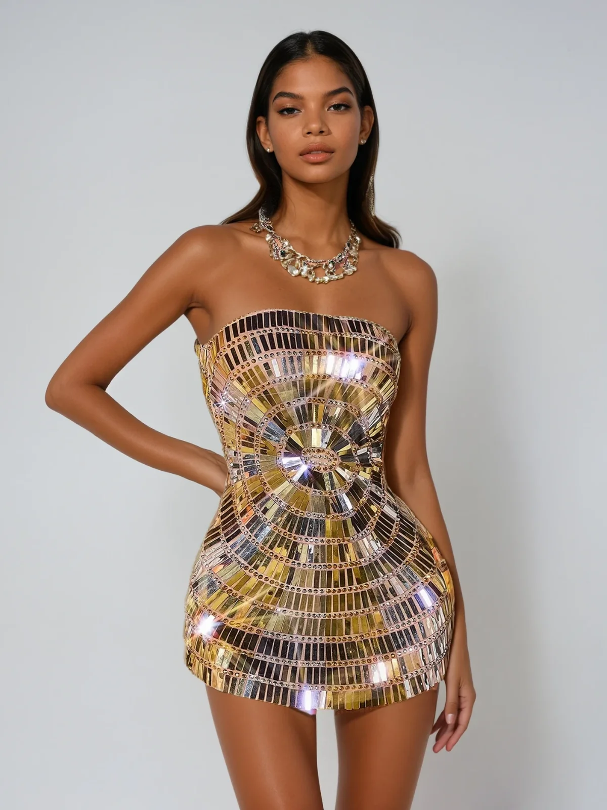 Silver Strapless Sequin Embellished Mini Dress