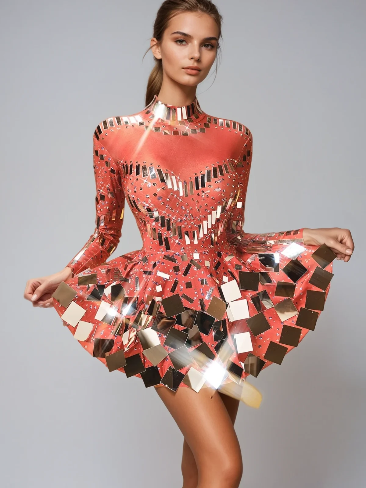 Red Embellished Long Sleeve Mini Dress