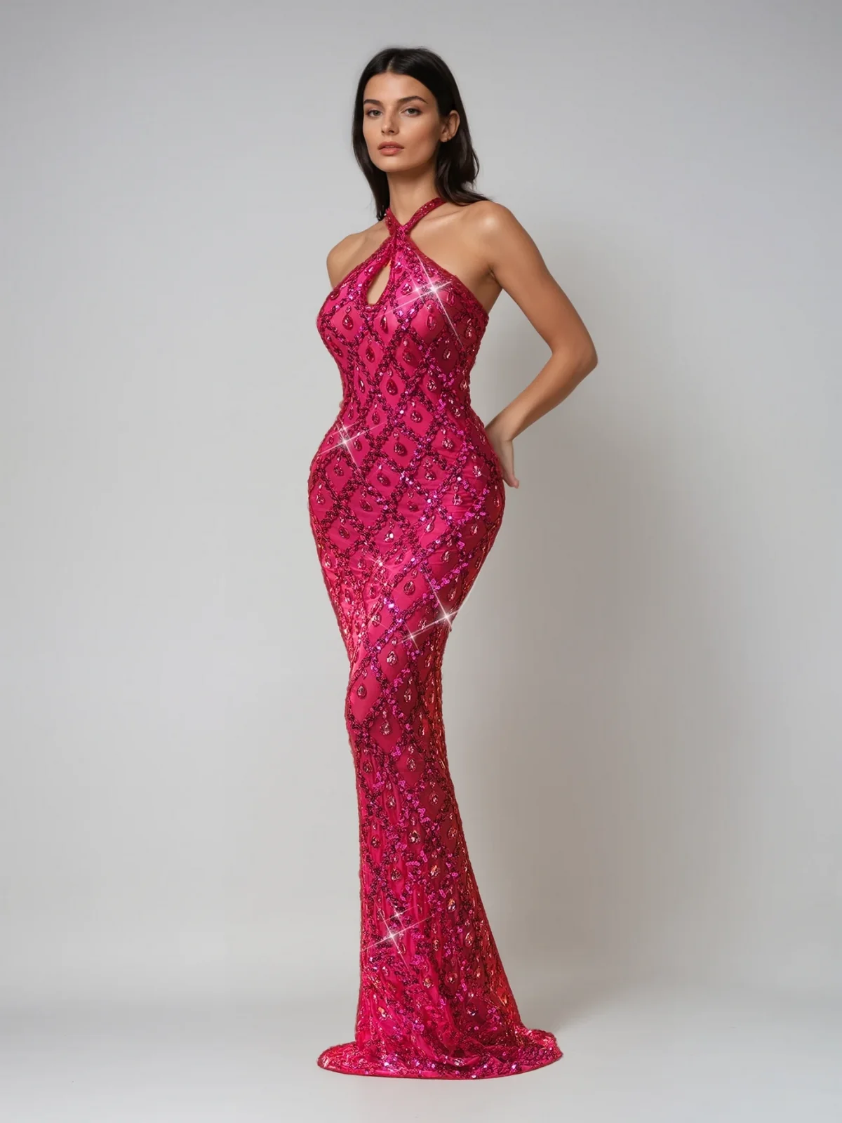 Hot Pink Sequin Crystal Maxi Dress - Glamour & Elegance