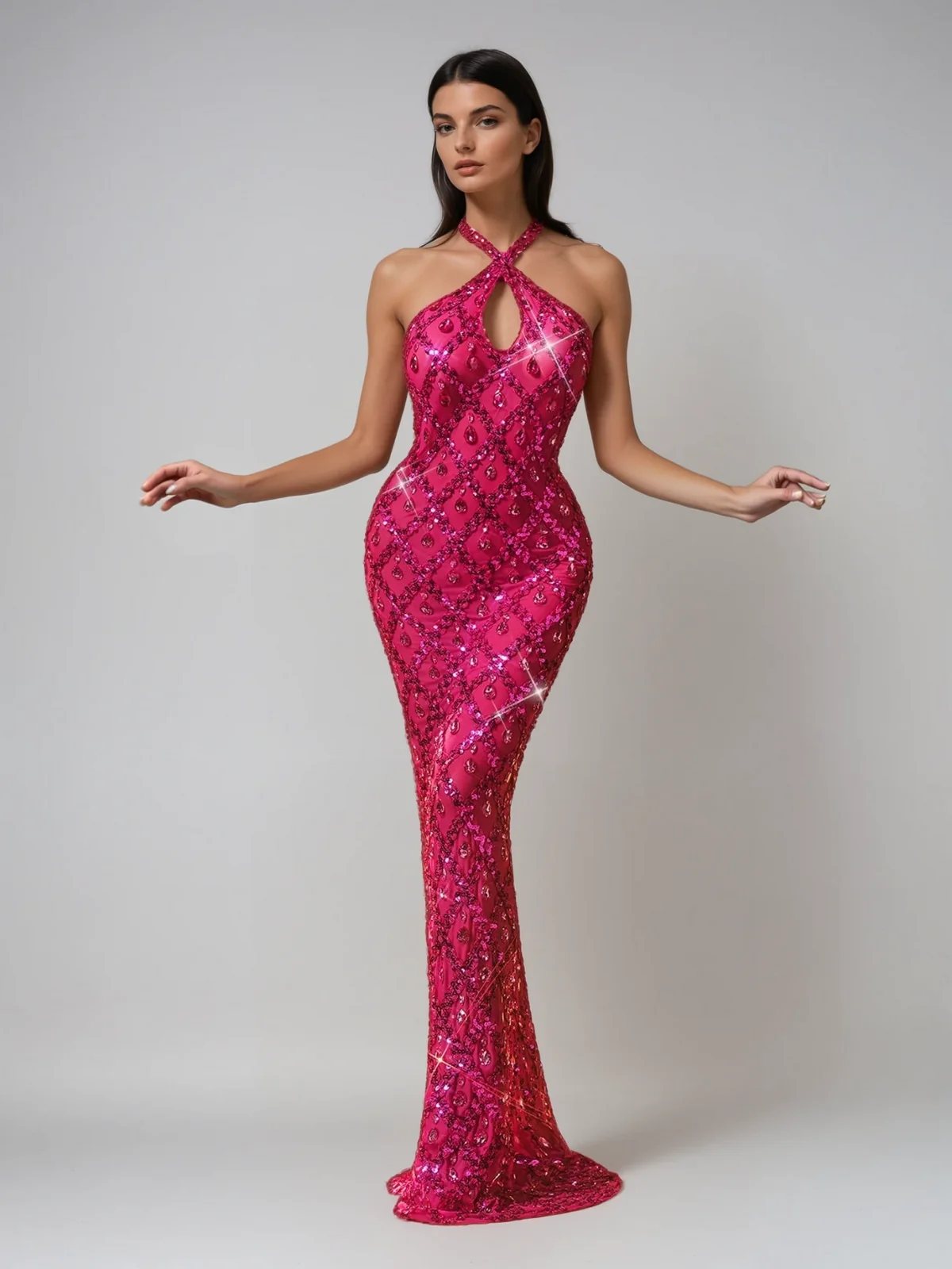 Hot Pink Sequin Crystal Maxi Dress - Glamour & Elegance