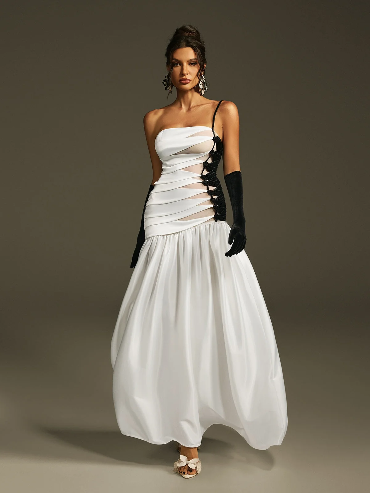 Elegant One-Shoulder Satin Maxi Dress with Gloves