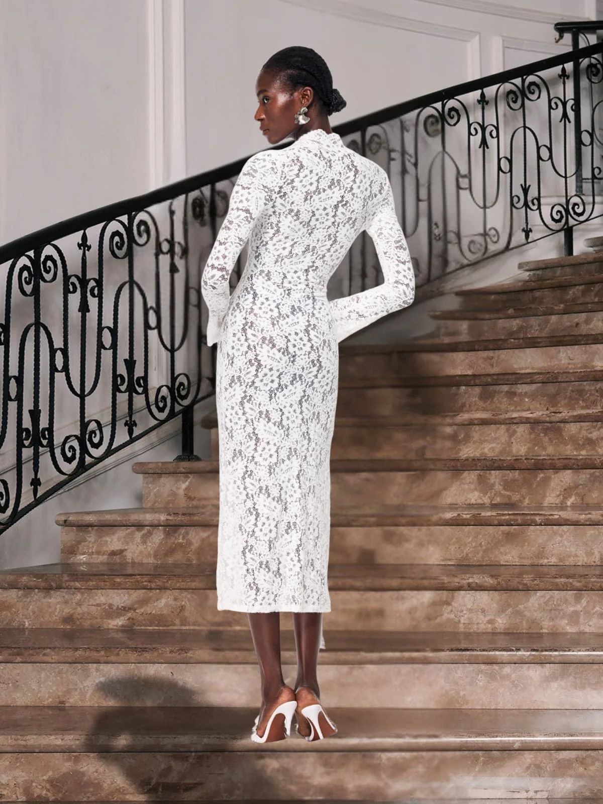 White Lace Midi Dress with Side Split and Lace-Up Design