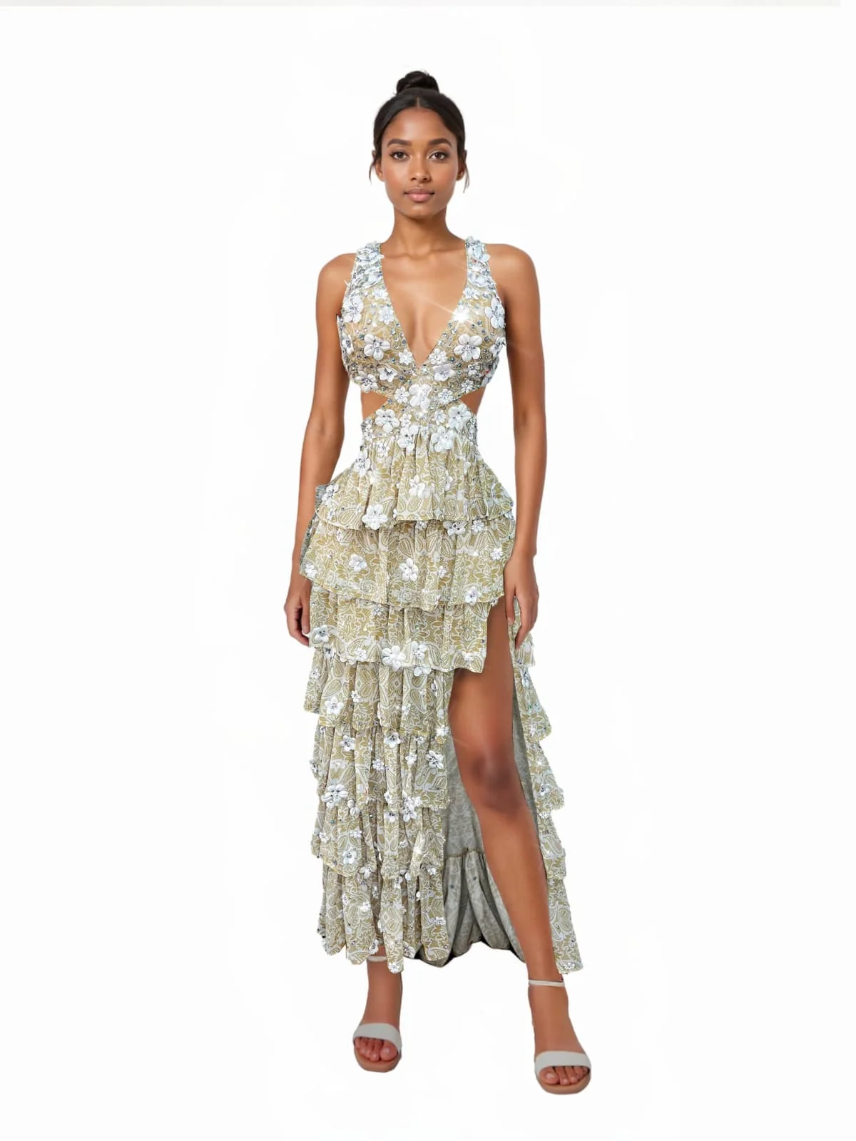 Sparkling Rhinestone Flower Maxi Dress with Side Split