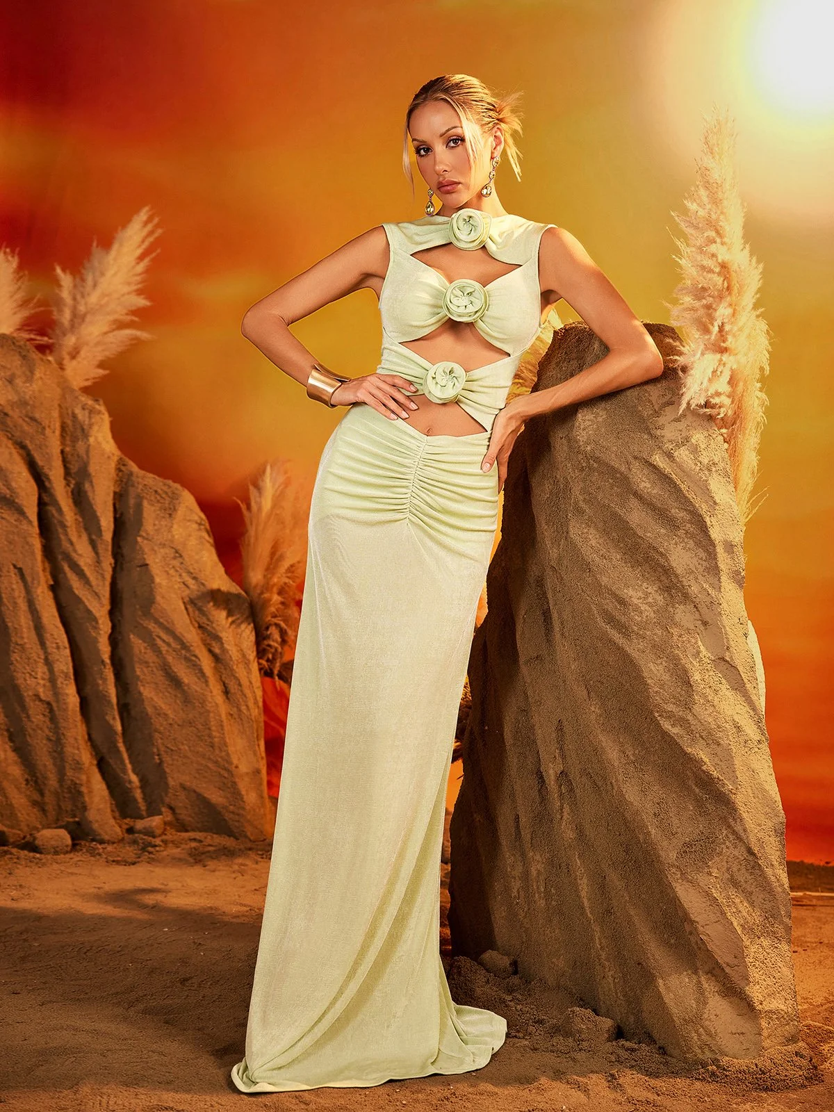 Green Floral Cutout Maxi Dress