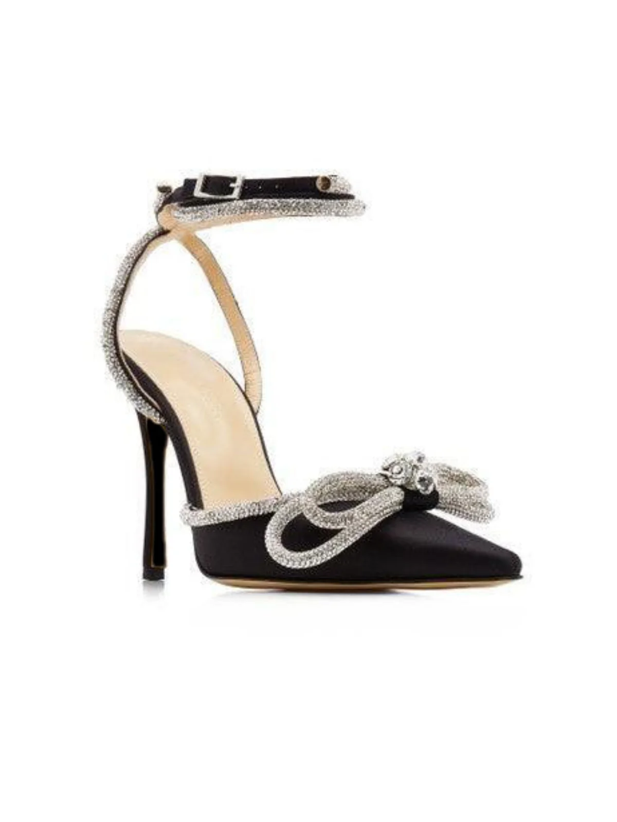 Black Crystal Satin Heels with Ankle Strap and Crystal Embellishments