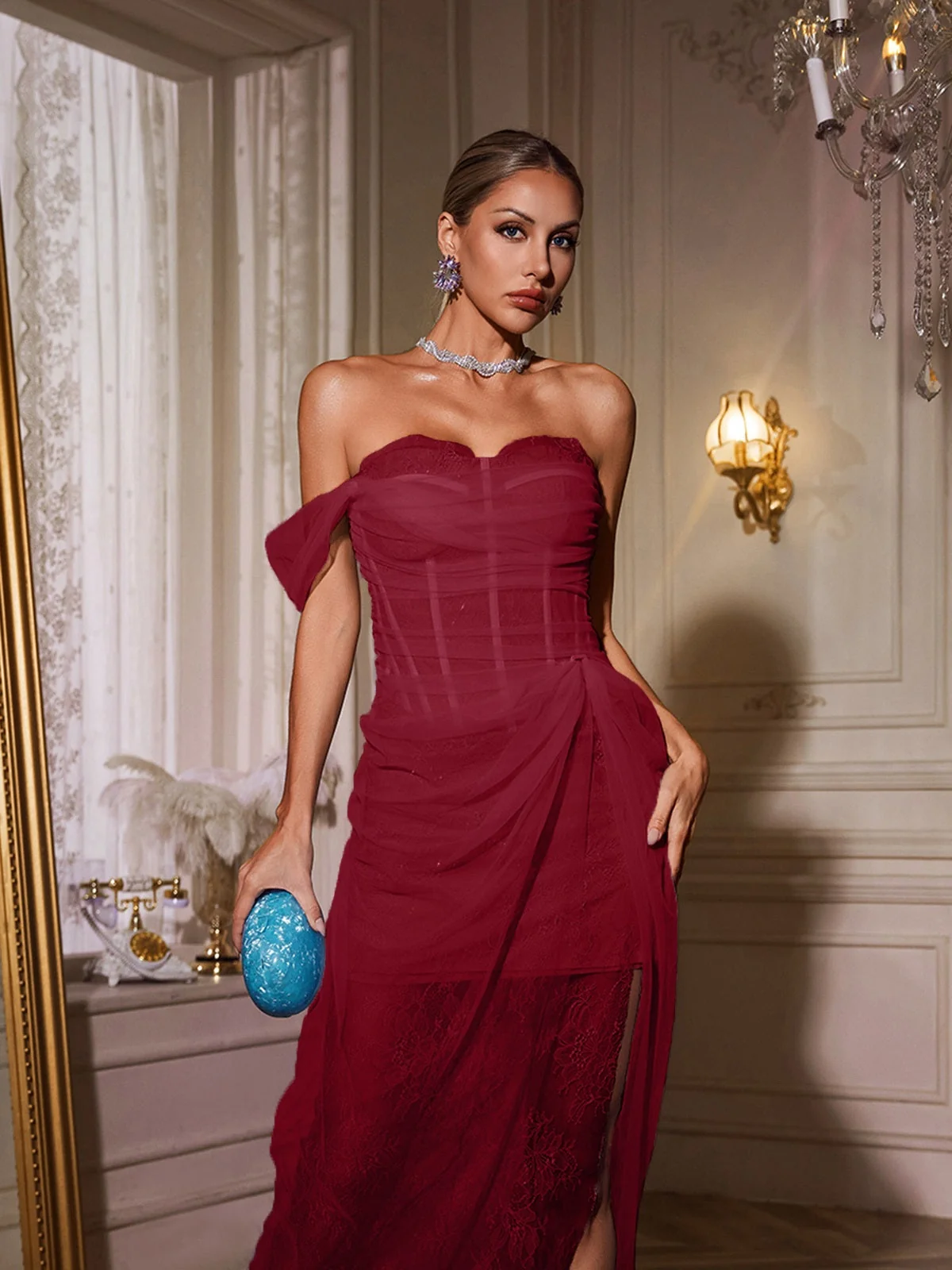 Wine Lace Split One-Shoulder Midi Dress