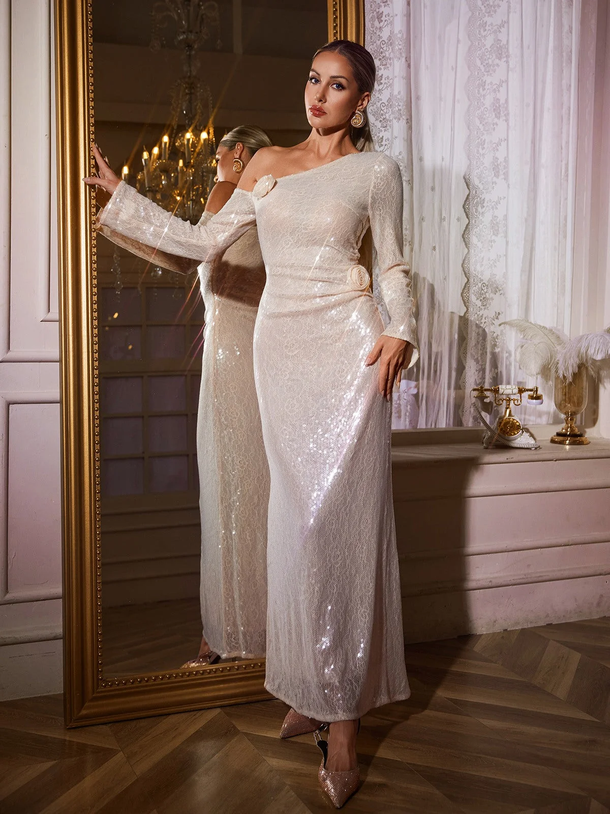 Sequin Floral Maxi Dress in Apricot Color