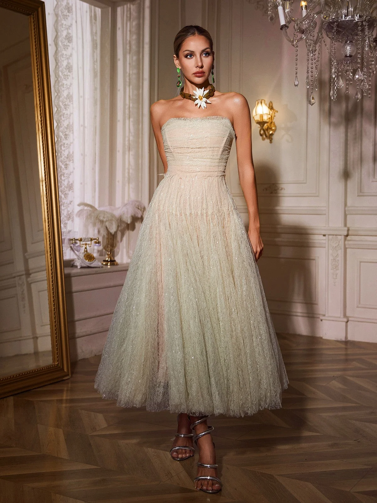 Green Strapless Ruched Mesh Midi Dress - Elegant Chic Style