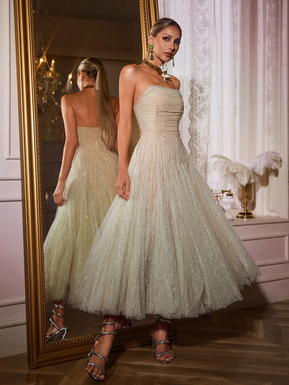 Green Strapless Ruched Mesh Midi Dress - Elegant Chic Style