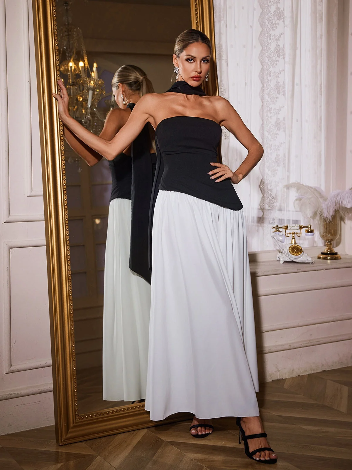 Black Strapless Draped Maxi Dress with Stylish Split