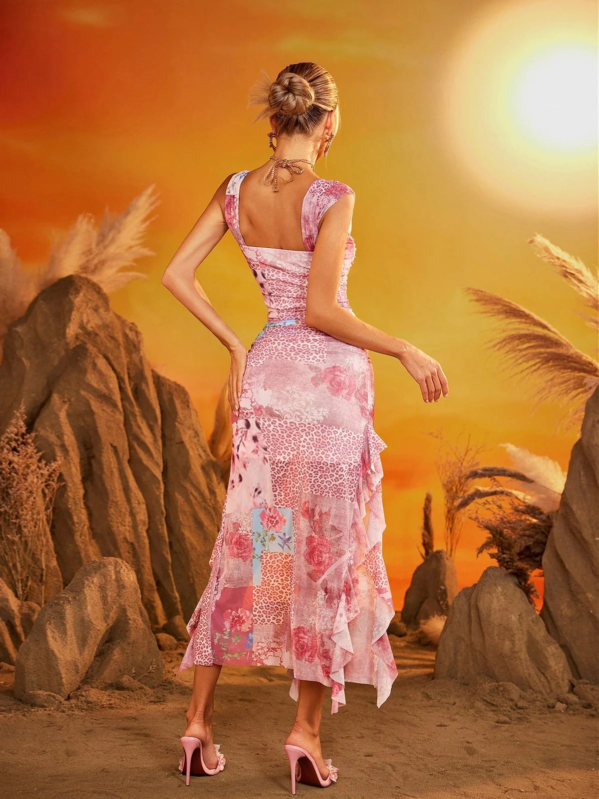 Floral Leopard Print Midi Dress with Ruched Detailing