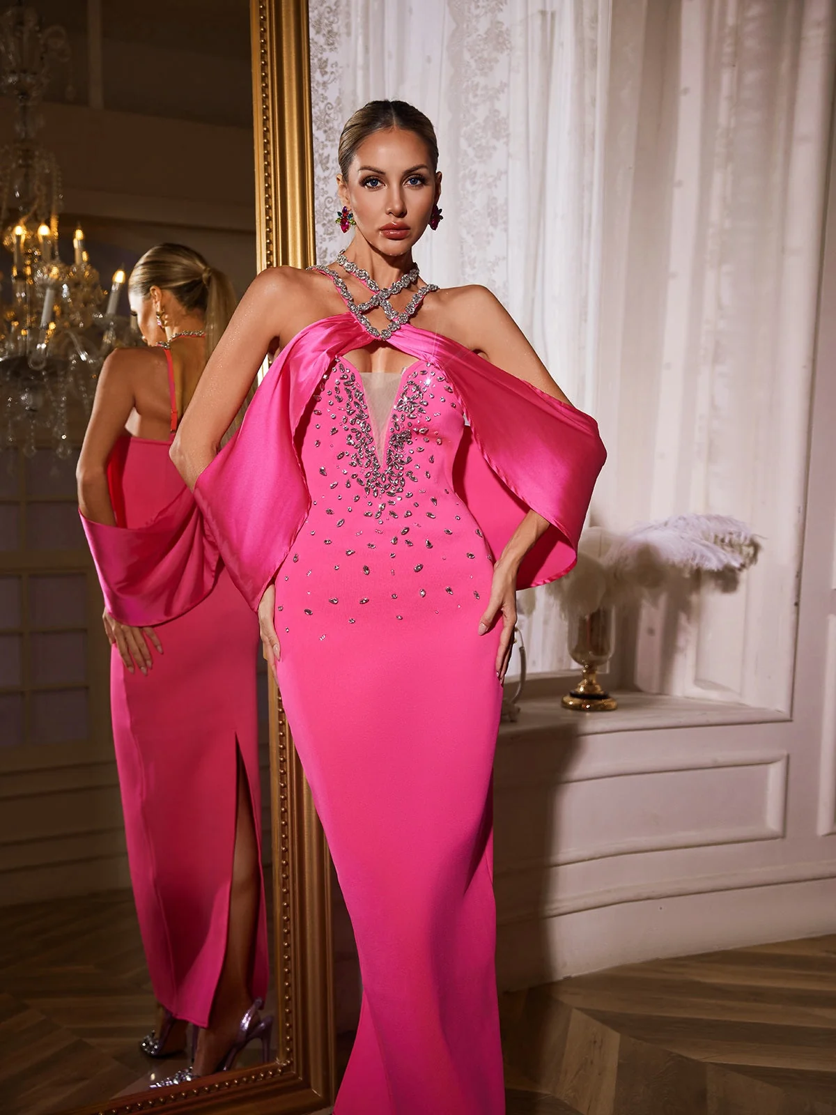 Pink Halterneck Rhinestone Bandage Maxi Dress - Elegant Style