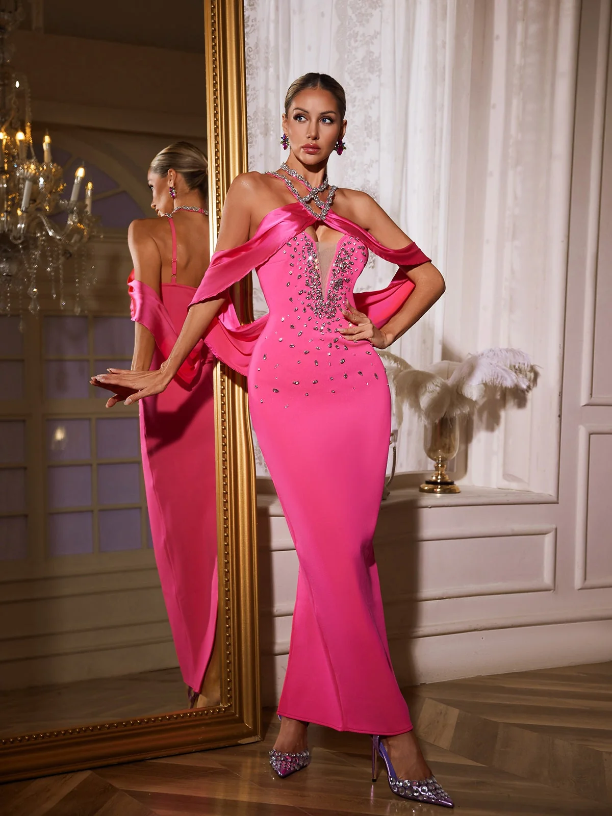 Pink Halterneck Rhinestone Bandage Maxi Dress - Elegant Style