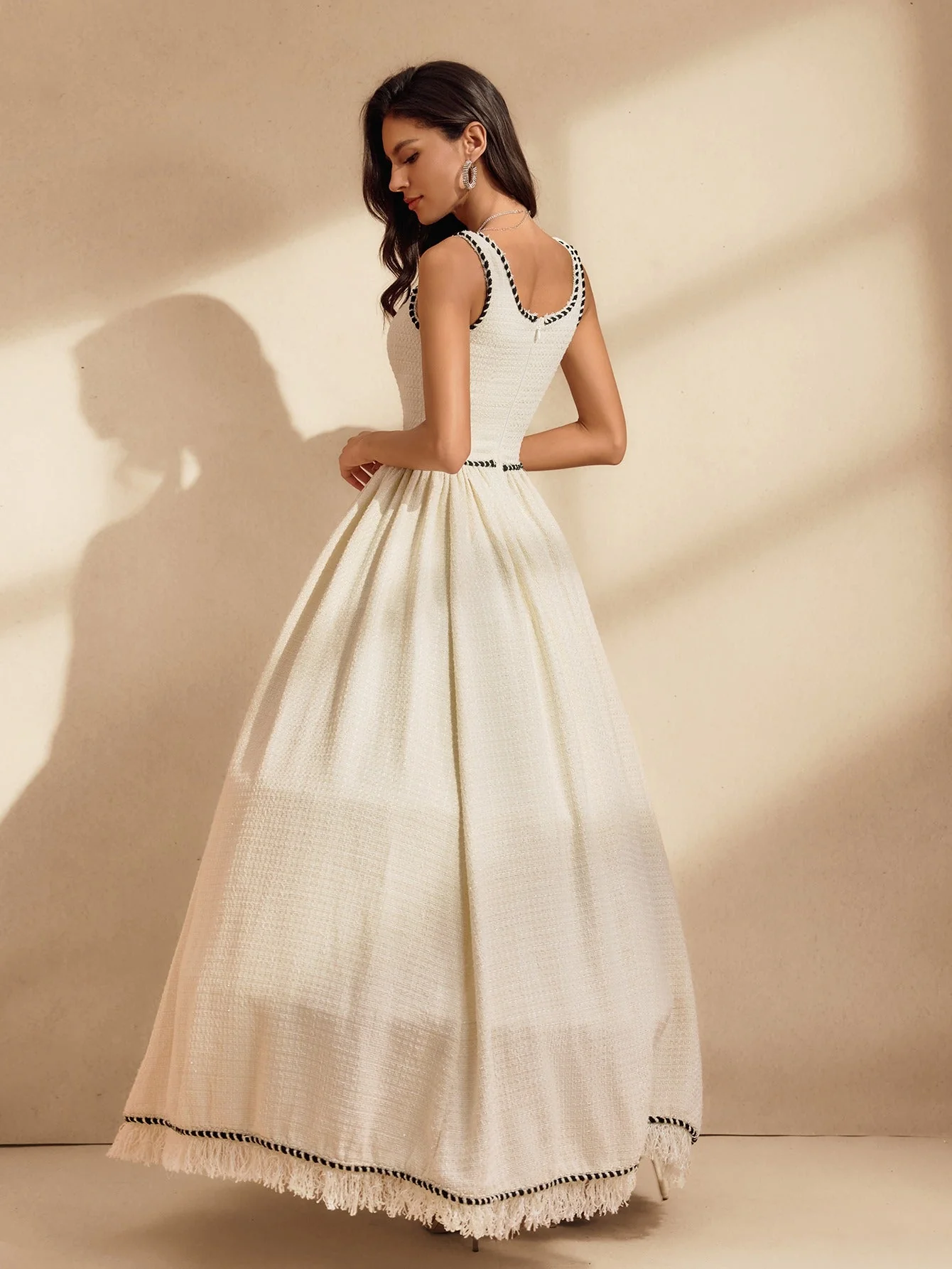 White Fringe Bubble Maxi Dress with Spaghetti Straps