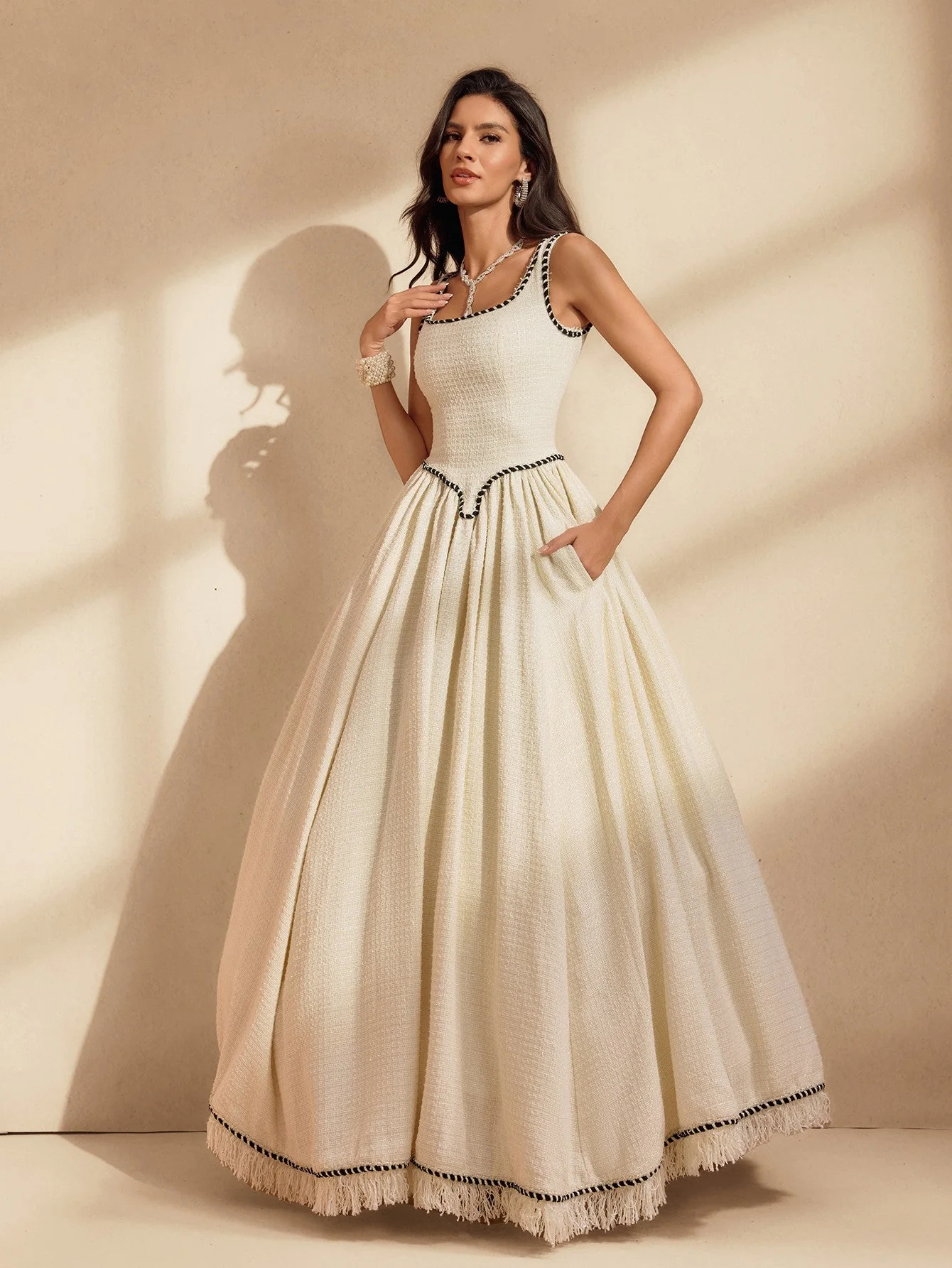 White Fringe Bubble Maxi Dress with Spaghetti Straps