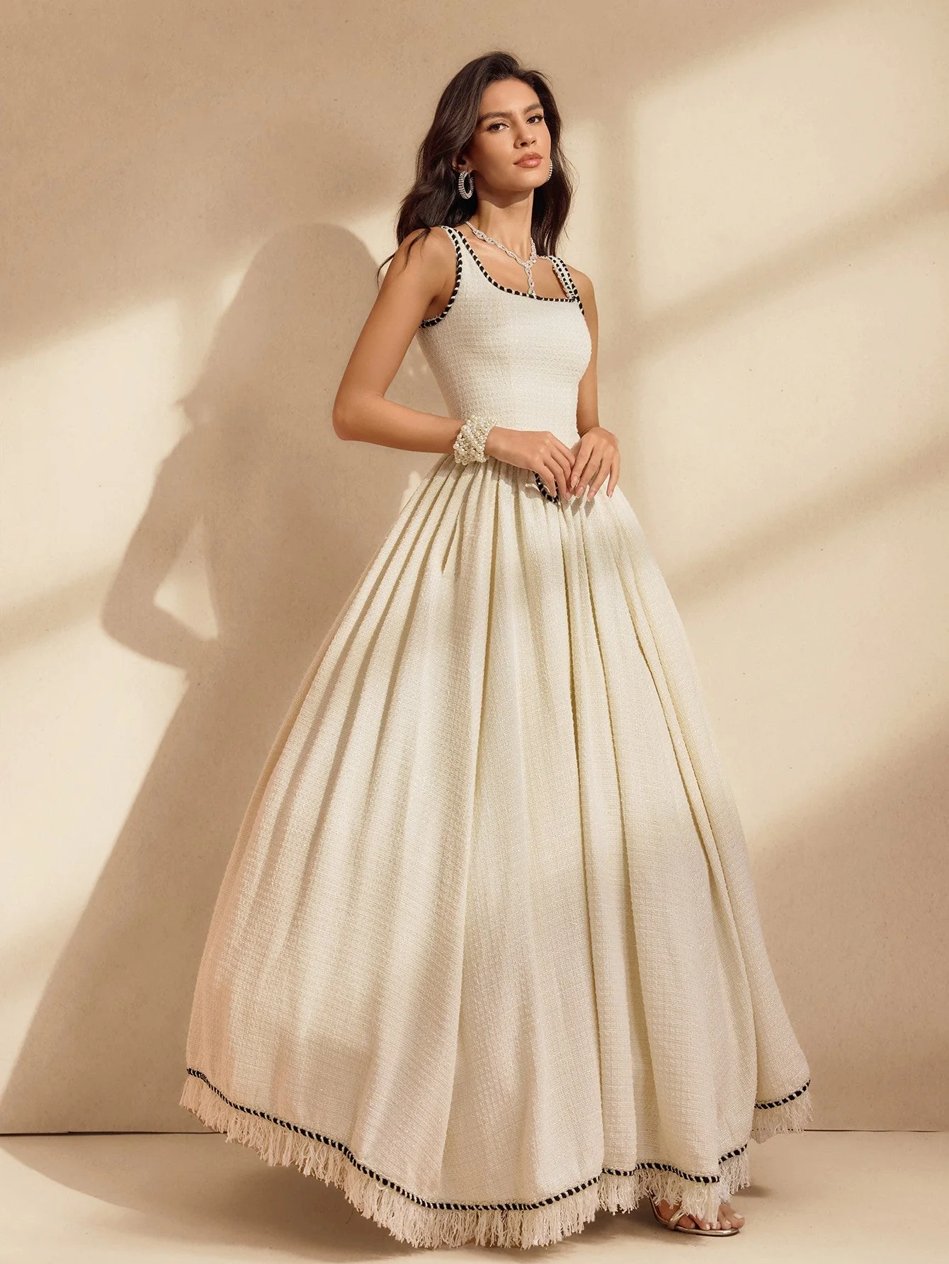 White Fringe Bubble Maxi Dress with Spaghetti Straps