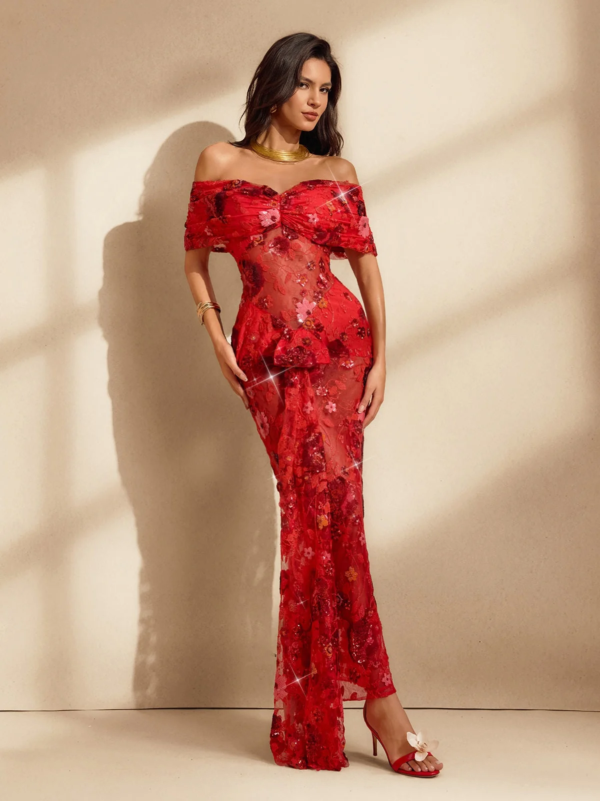 Floral Sequin Off-Shoulder Maxi Dress - Elegant Red Lace Prom Gown
