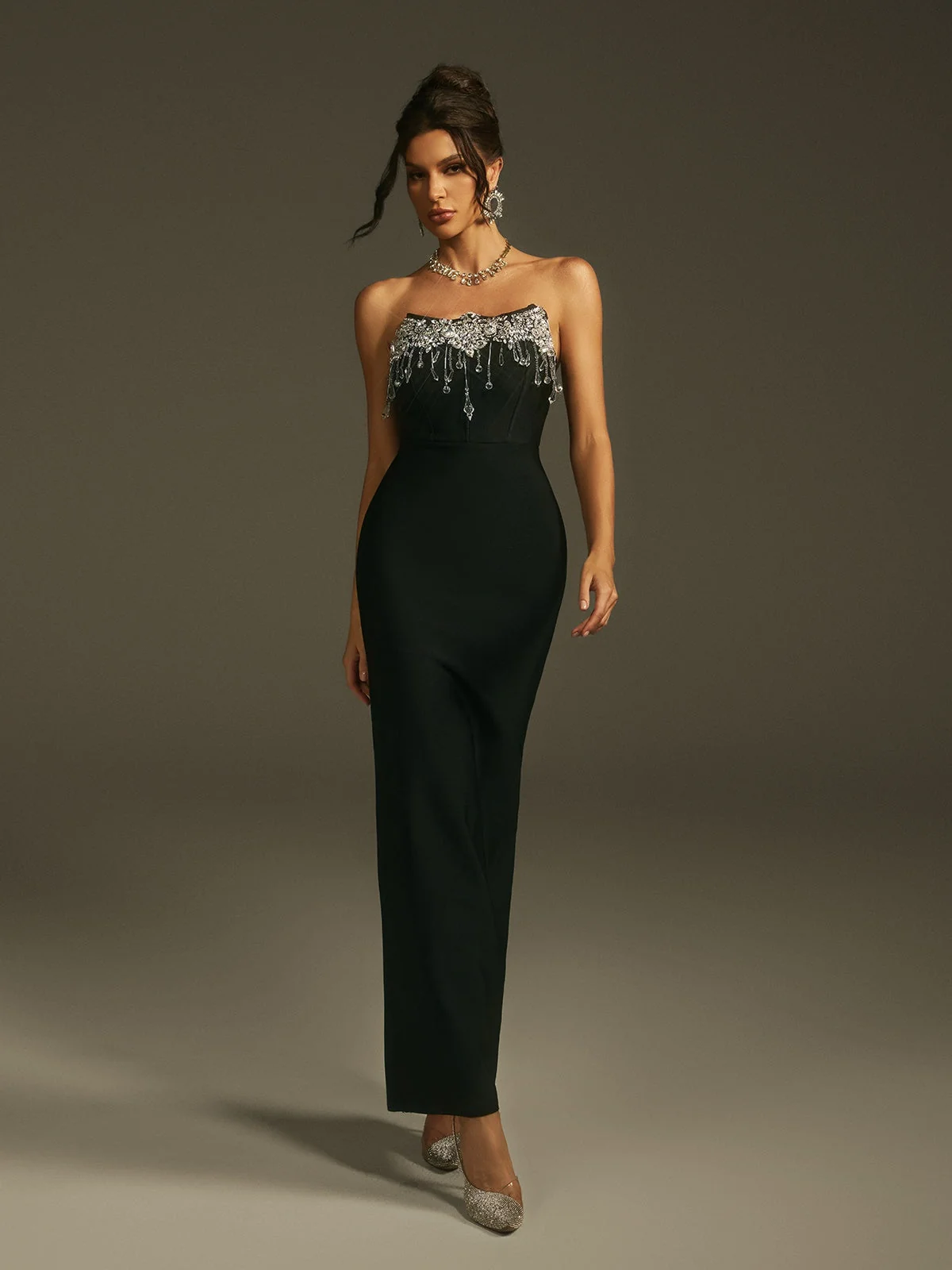 Black Crystal Fringe Bandage Dress - Elegant Strapless Style