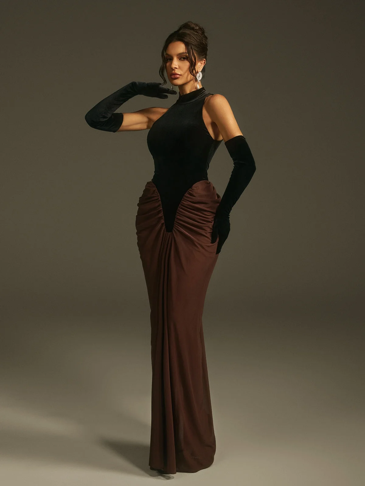 Velvet Halterneck Maxi Dress with Matching Gloves