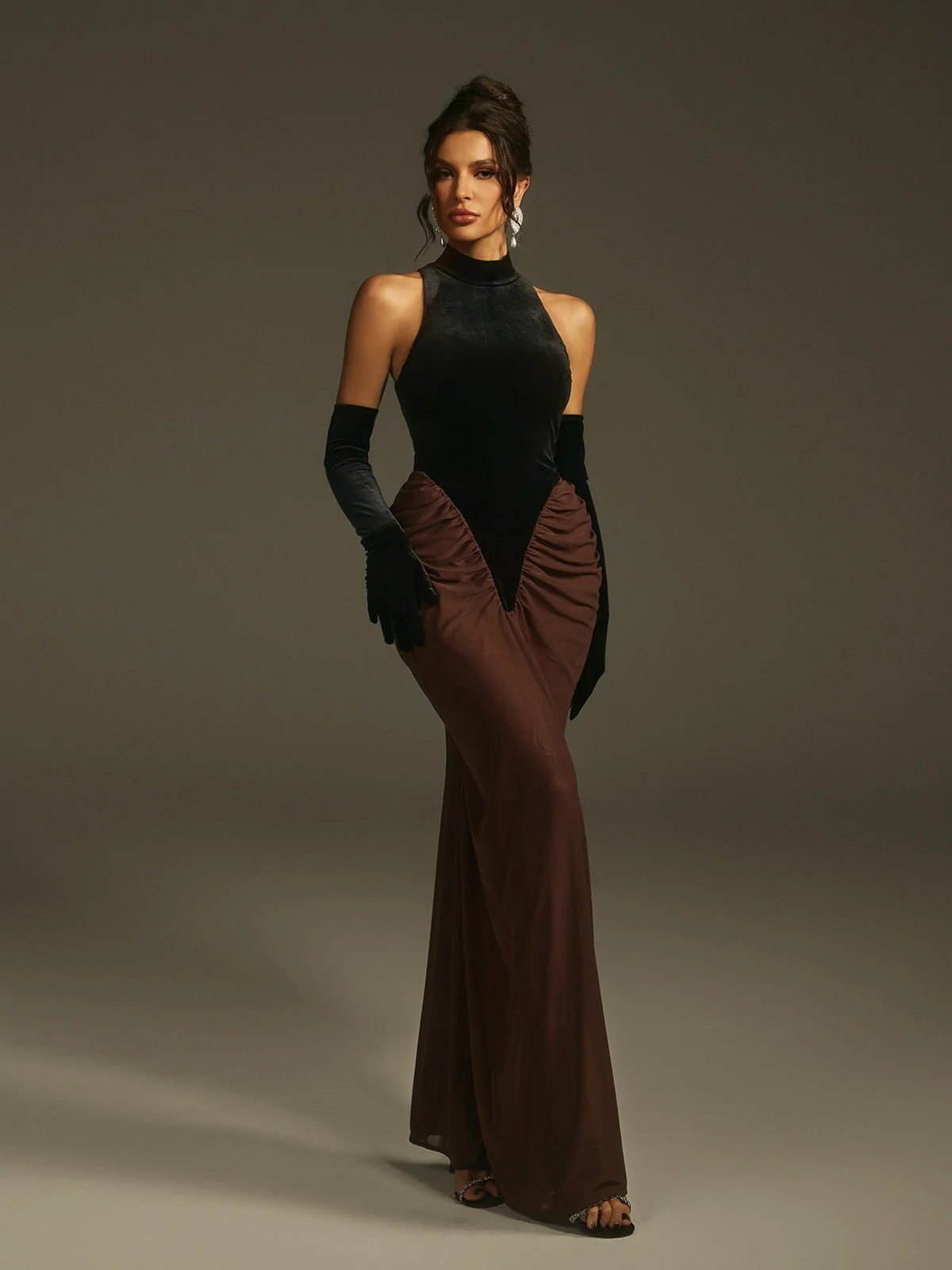 Velvet Halterneck Maxi Dress with Matching Gloves