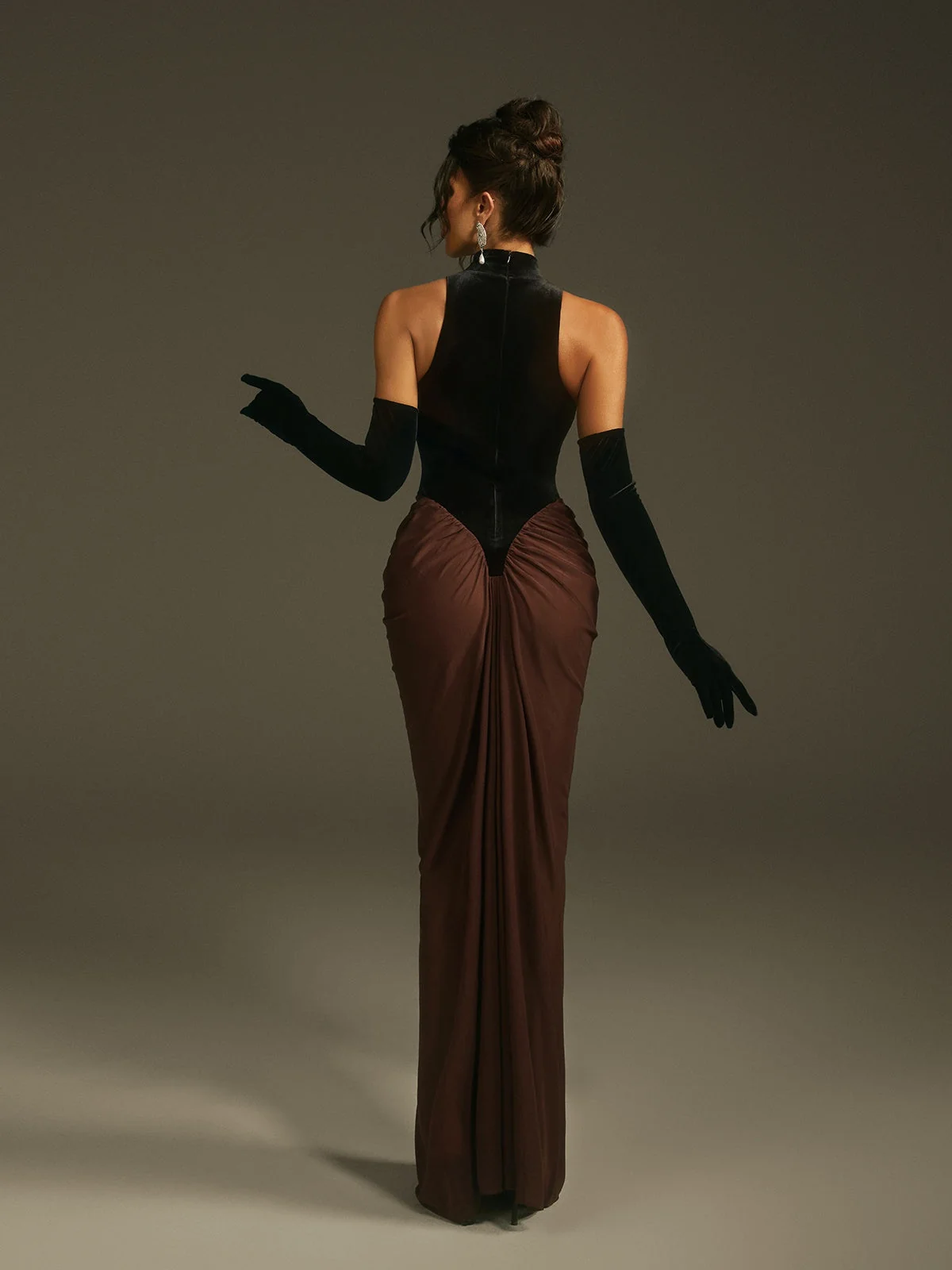 Velvet Halterneck Maxi Dress with Matching Gloves