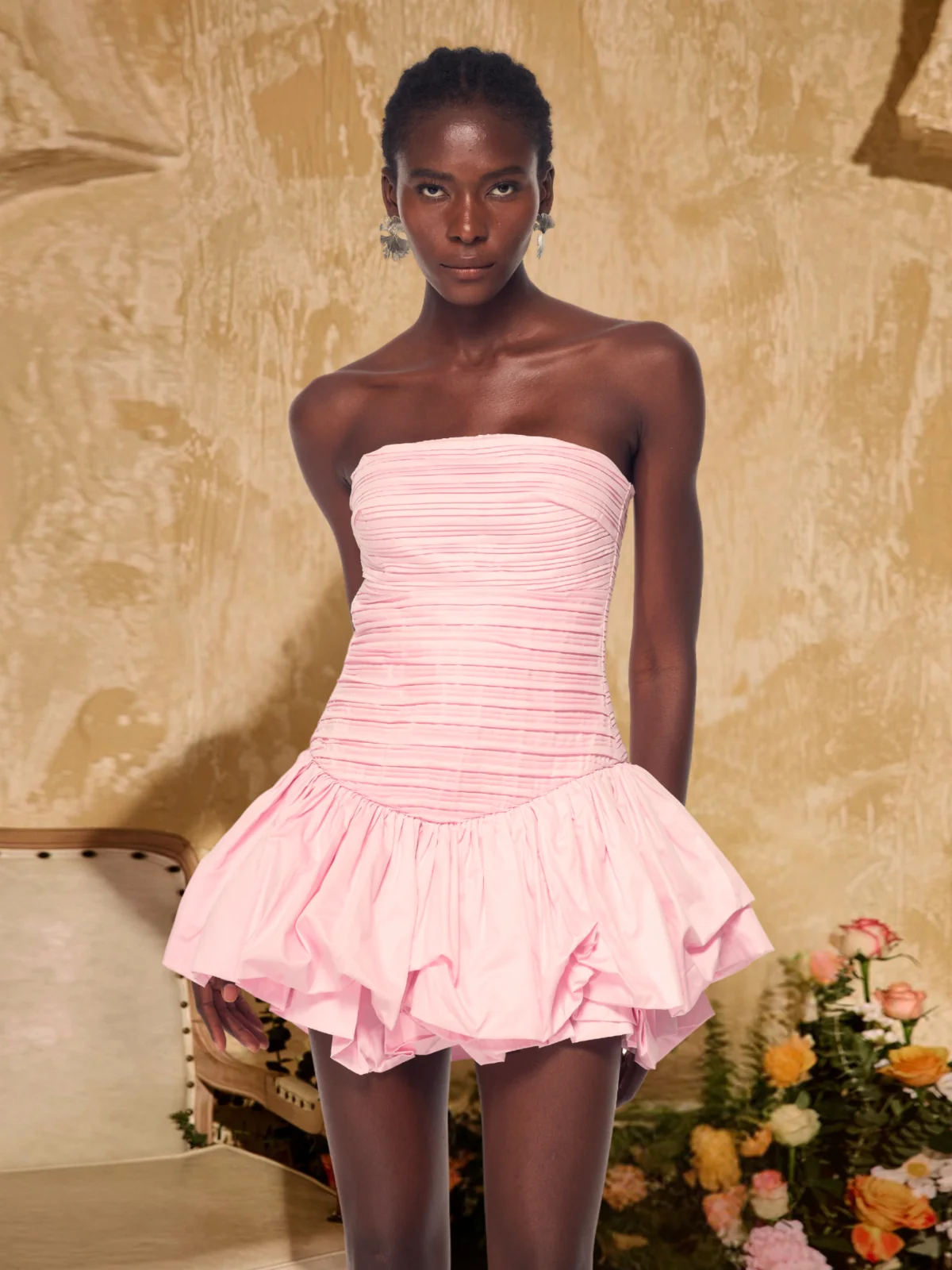 Strapless Ruffled Puff Mini Dress - Elegant & Playful Style