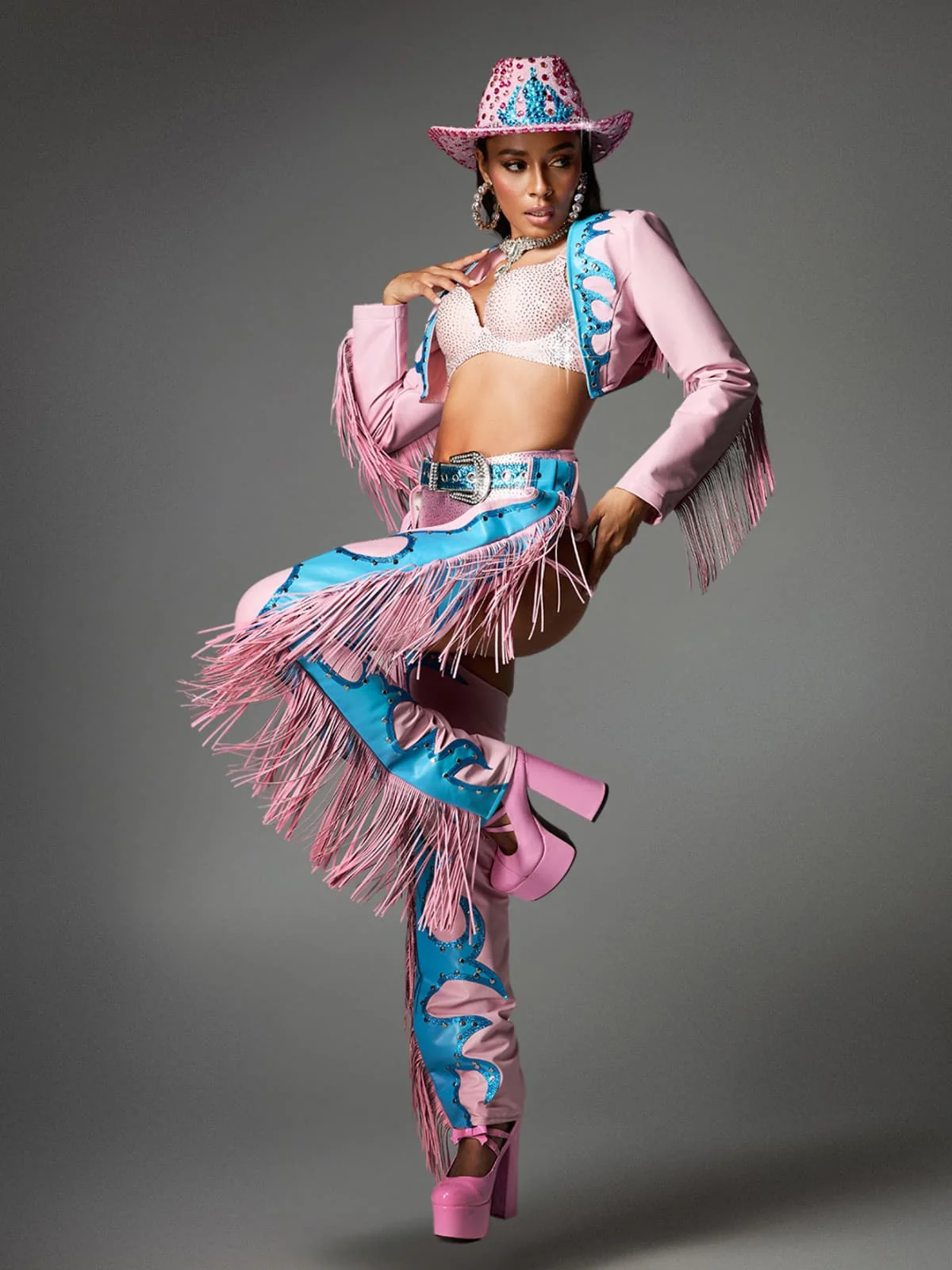 Pink Fringe Cowgirl Set with Hat - Festival Statement Outfit