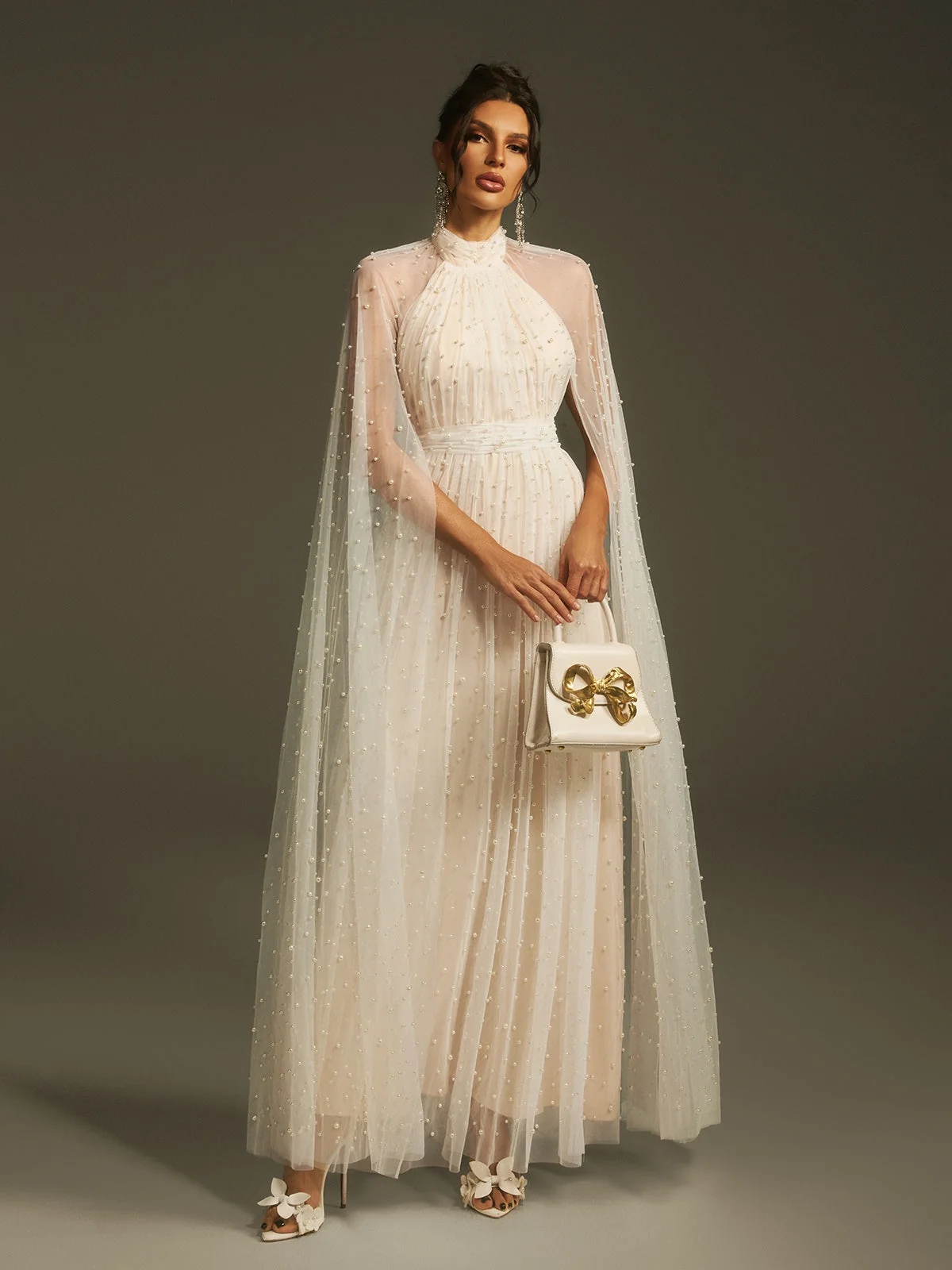 Elegant Pearl Accent Sheer Mesh Maxi Dress - Timeless Beauty