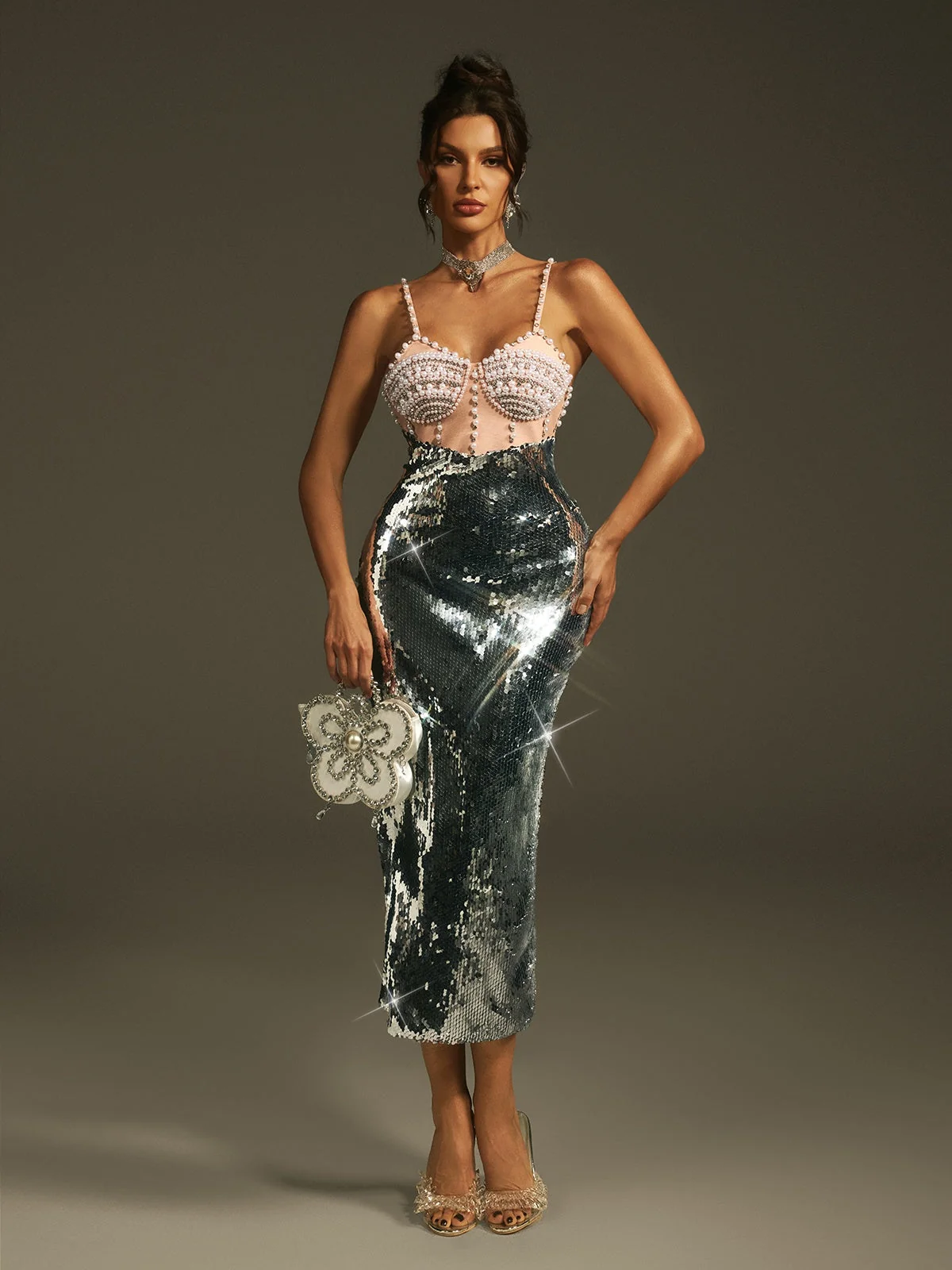 Pearl Sequin Elegant Midi Party Dress - Silver Spaghetti Straps