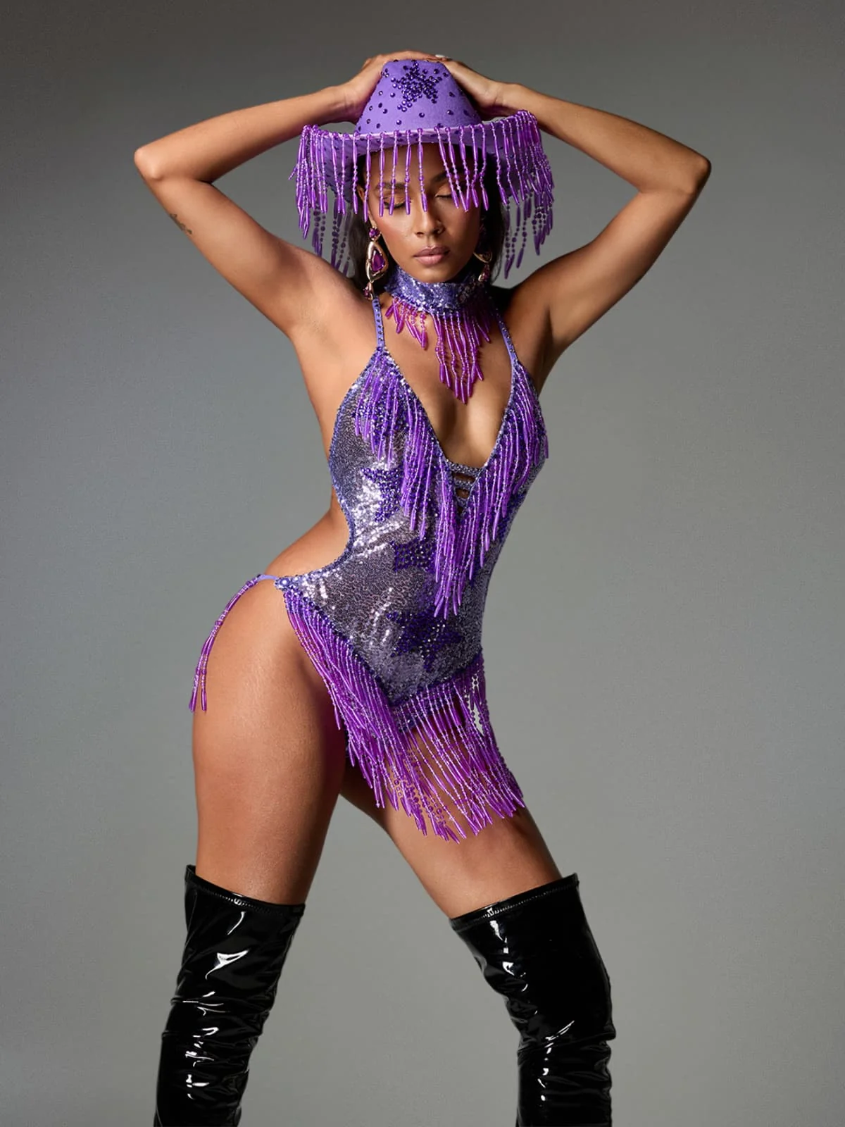 Purple Fringe Halter Neck Bodysuit - Concert Outfit