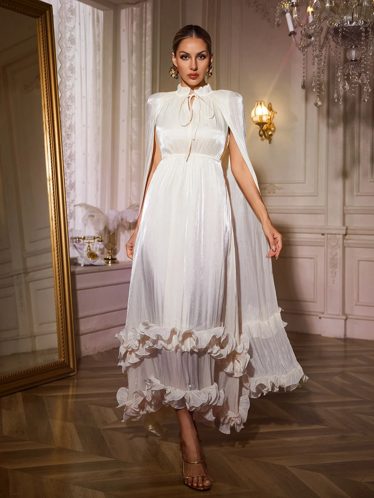 Apricot Shawl Ruffle Maxi Dress - Elegant Flowing Silhouette