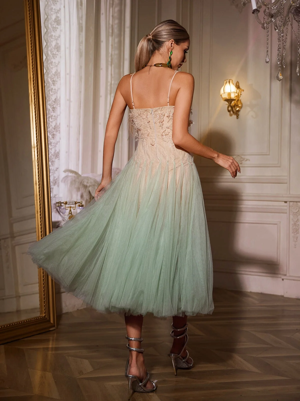 Elegant Ombre Lace Midi Dress - Spaghetti Straps, Flattering Length