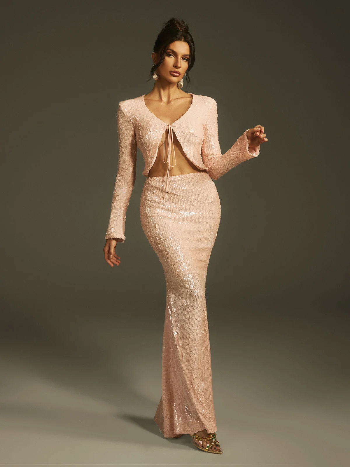 Apricot Sequin Set with Elegant Skirt