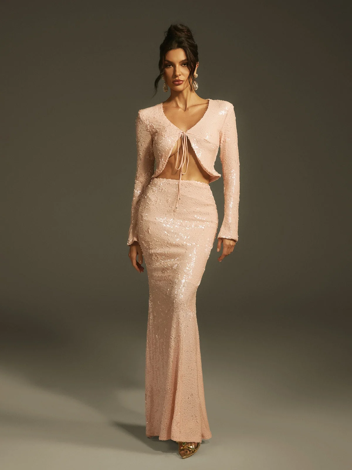 Apricot Sequin Set with Elegant Skirt