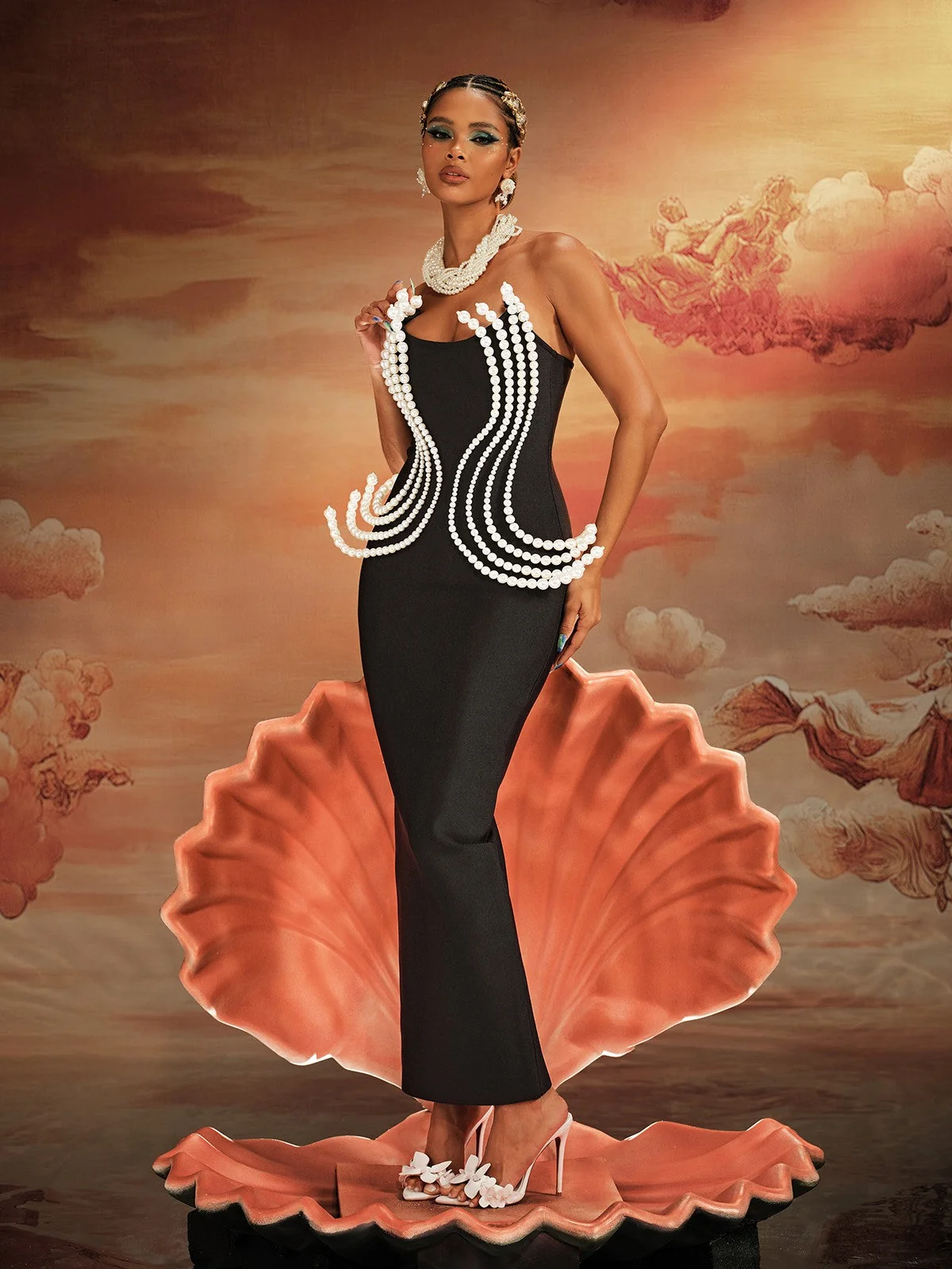 Elegant Pearl Embellished Strapless Bandage Maxi Dress