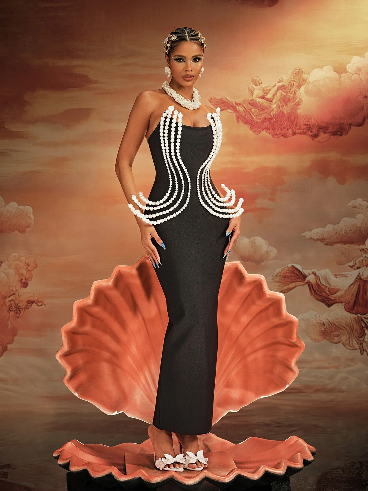 Elegant Pearl Embellished Strapless Bandage Maxi Dress