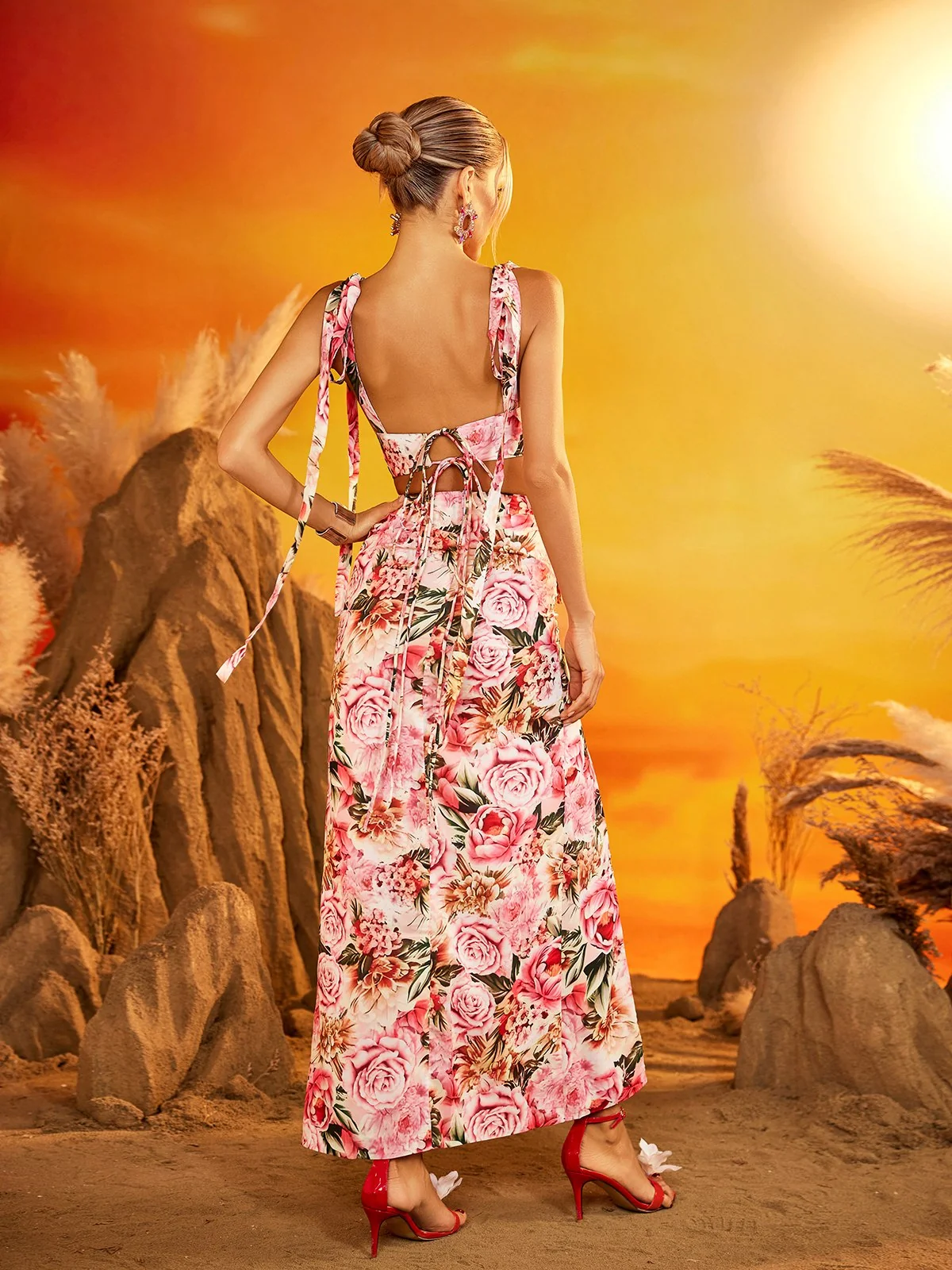 Floral Ruched Split Skirt Dress Set