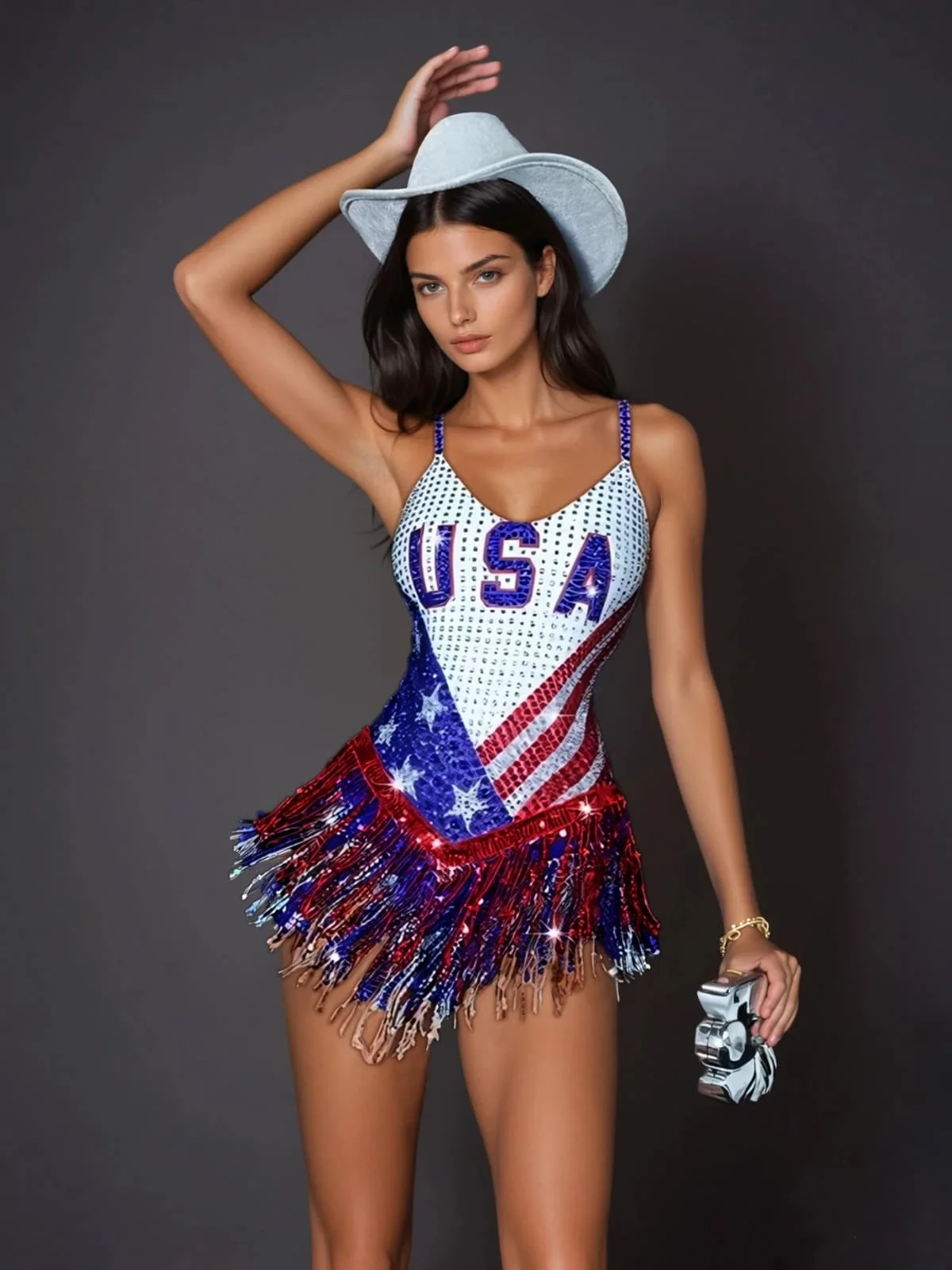 Sparkling Rhinestone Printed Bodysuit - Glamorous Spaghetti Straps