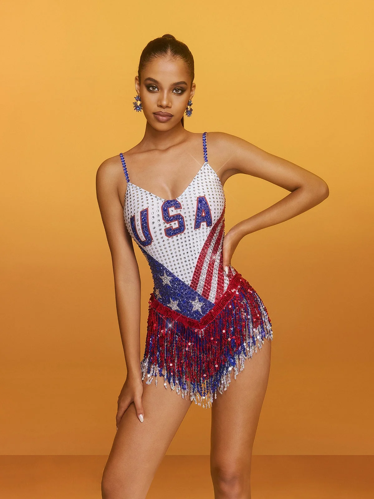 Sparkling Rhinestone Printed Bodysuit - Glamorous Spaghetti Straps