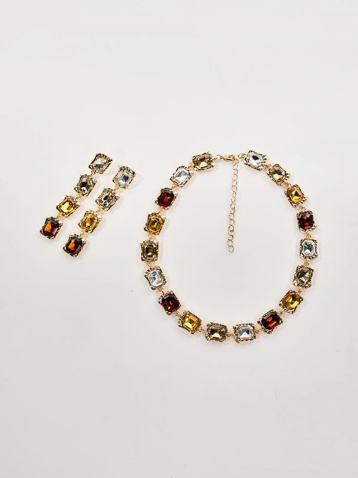 Elegant Crystal Square Necklace Set - Silver & Gold