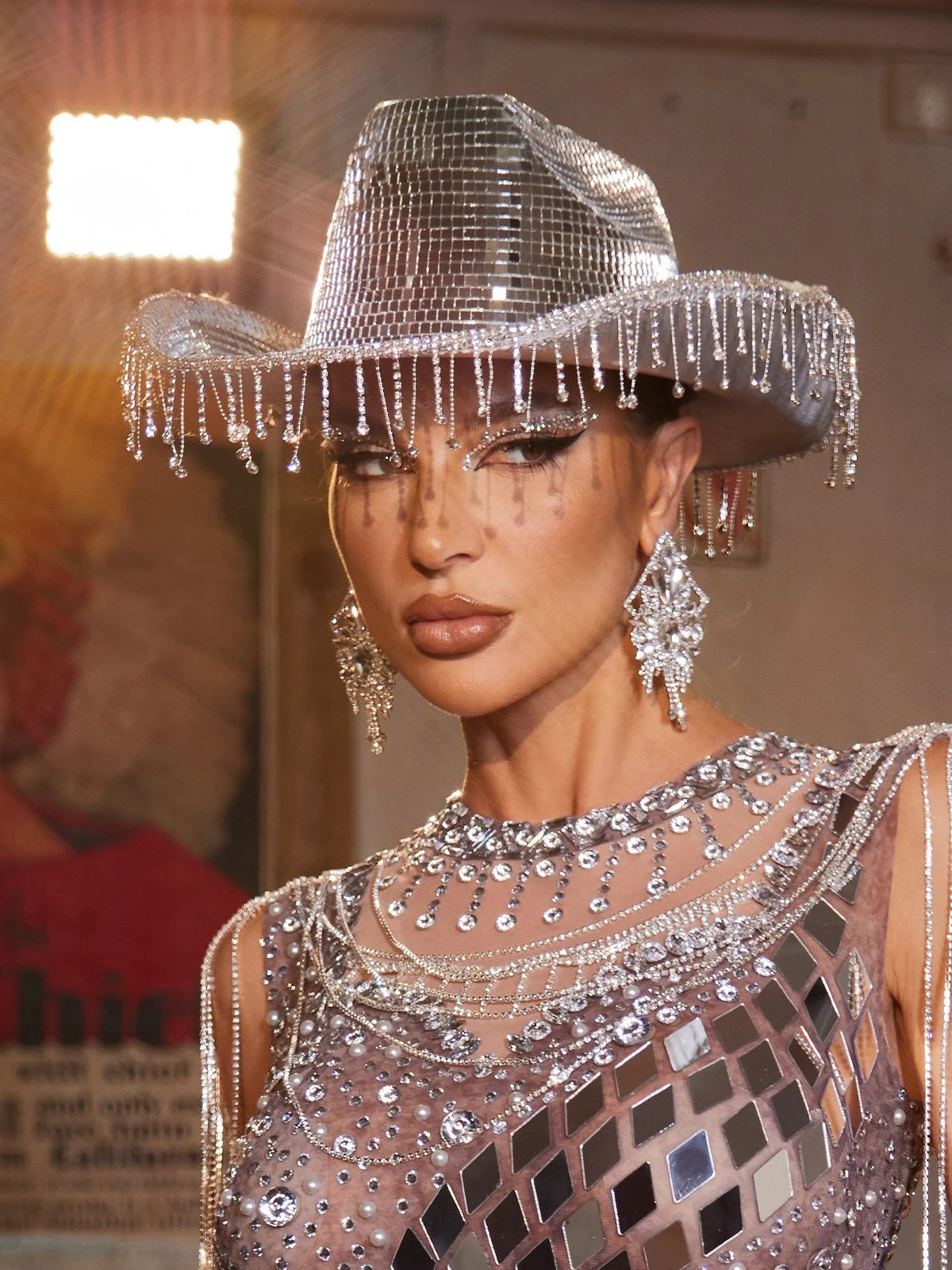 Sparkling Rhinestone Fringe iCowboy Hat - Silver Sequin Embellished