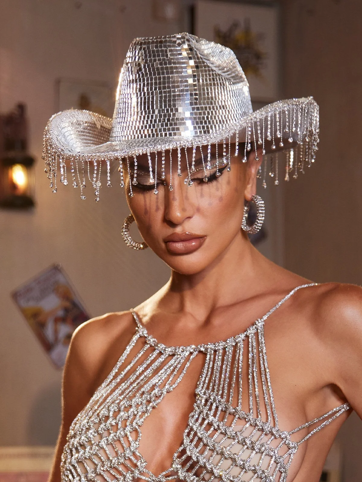 Sparkling Rhinestone Fringe iCowboy Hat - Silver Sequin Embellished