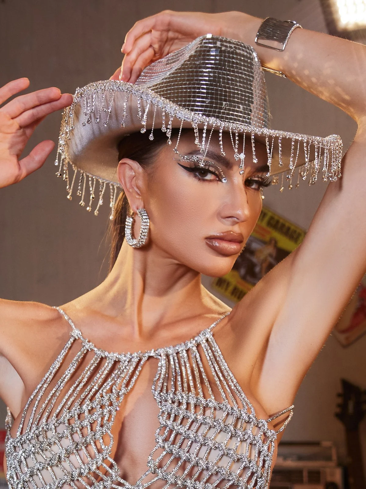 Sparkling Rhinestone Fringe iCowboy Hat - Silver Sequin Embellished
