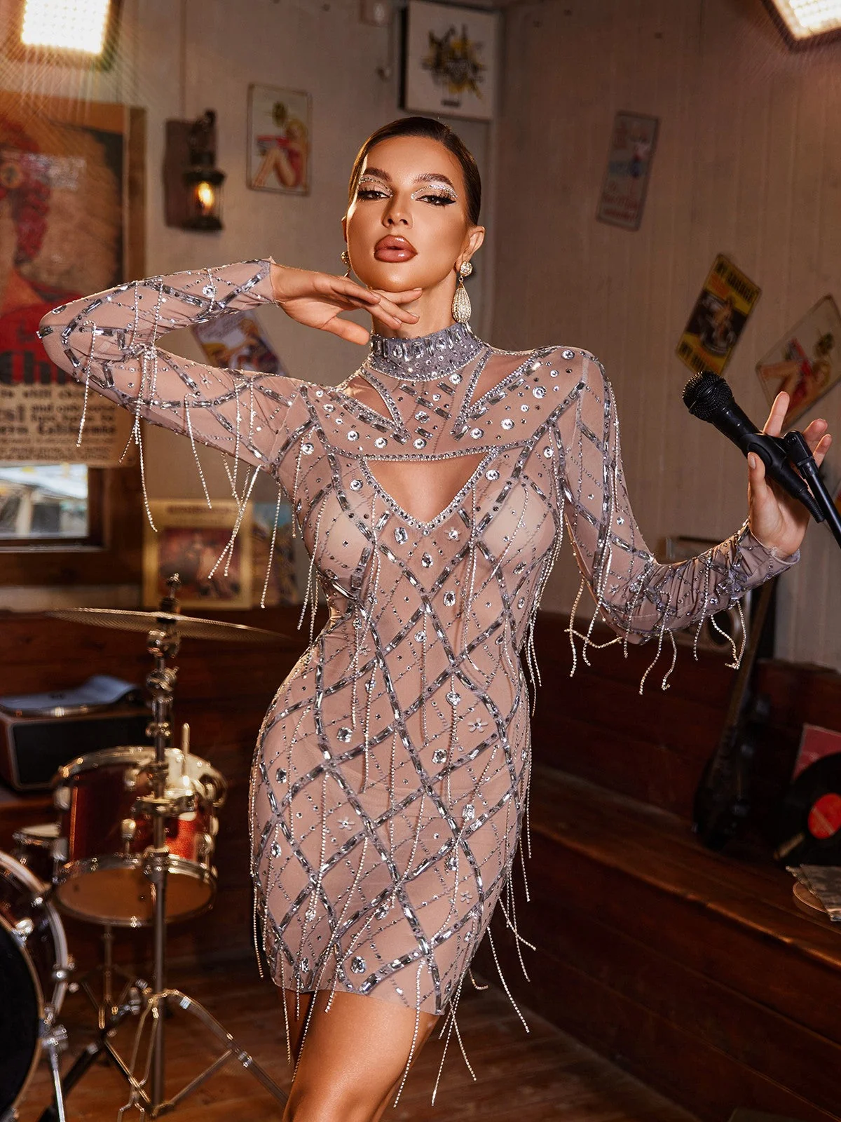 Sparkling Crystal Fringe Mesh Cocktail Dress