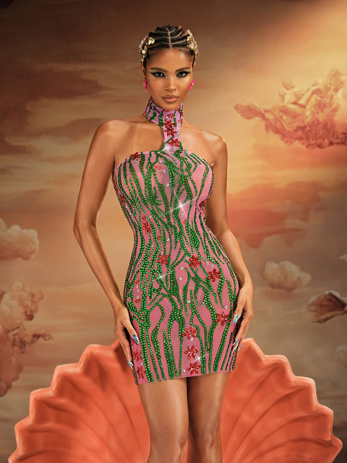 Elegant Halterneck Mesh Mini Dress