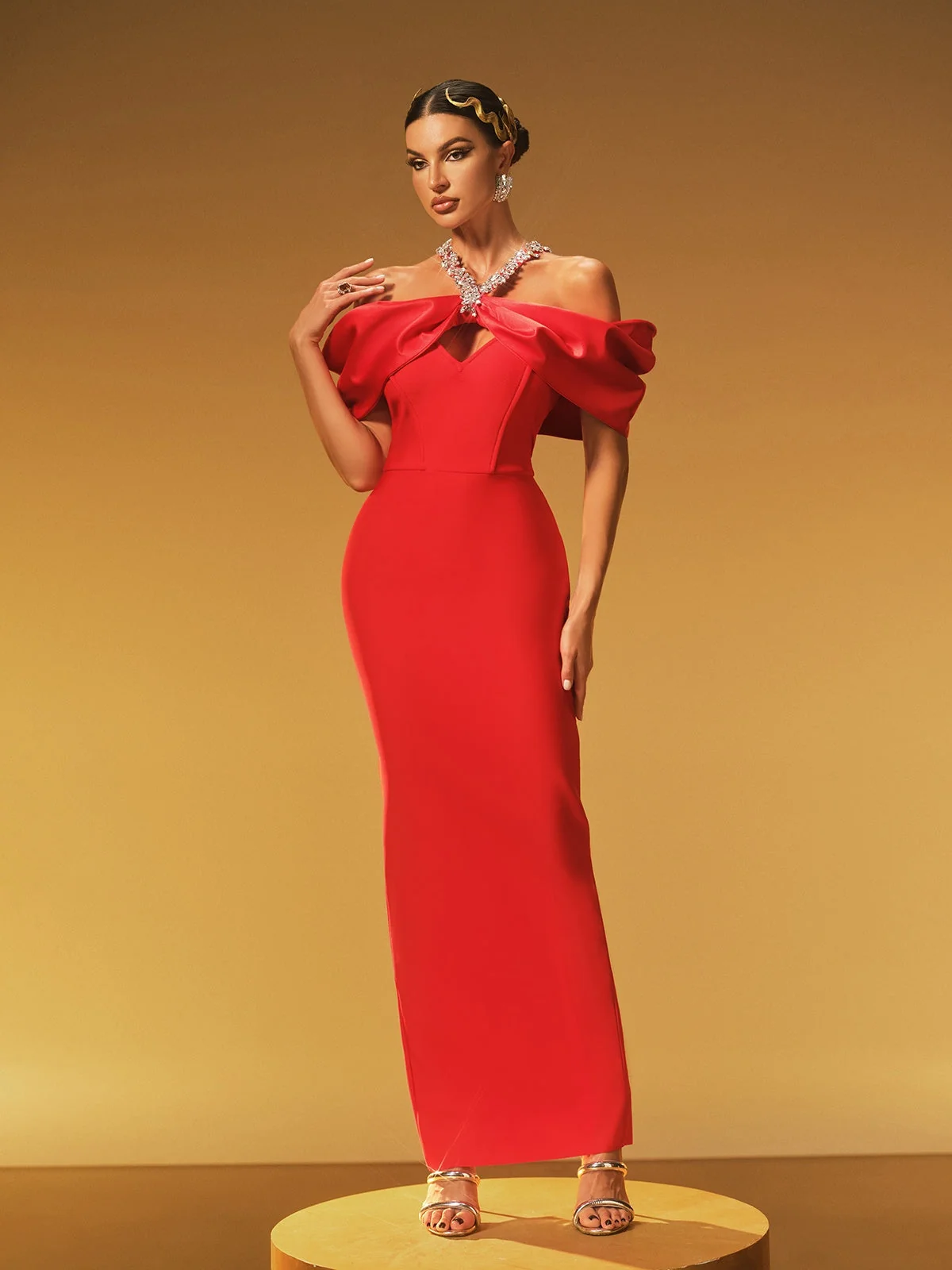 Red Halterneck Crystal Bandage Dress