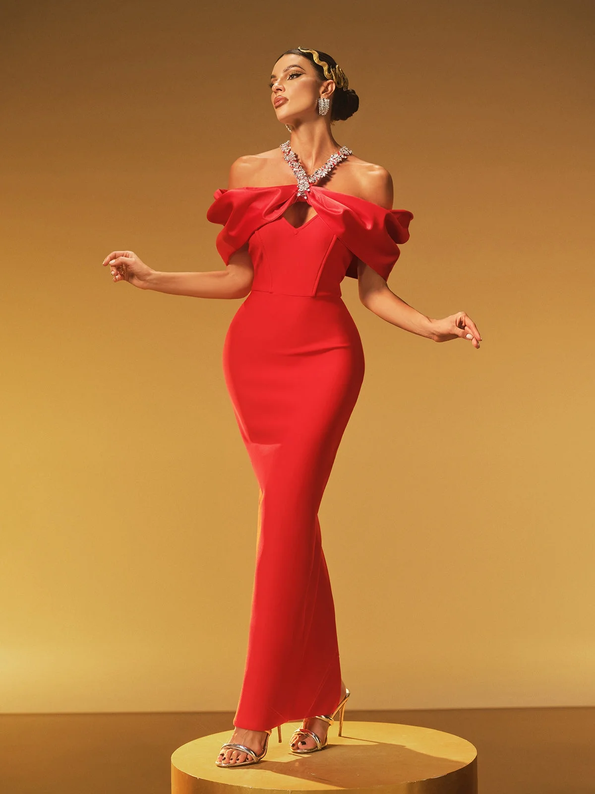 Red Halterneck Crystal Bandage Dress