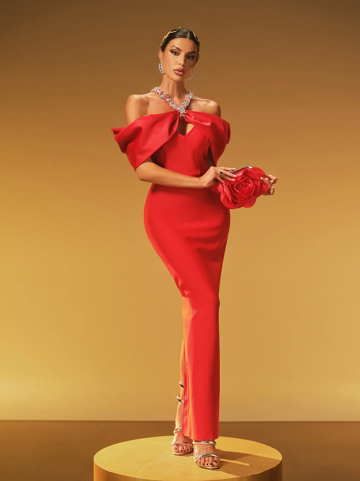 Red Halterneck Crystal Bandage Dress