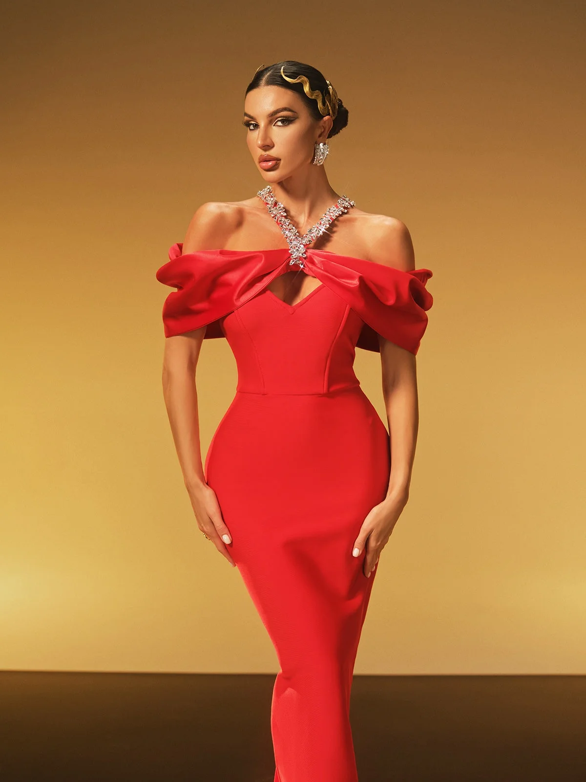 Red Halterneck Crystal Bandage Dress