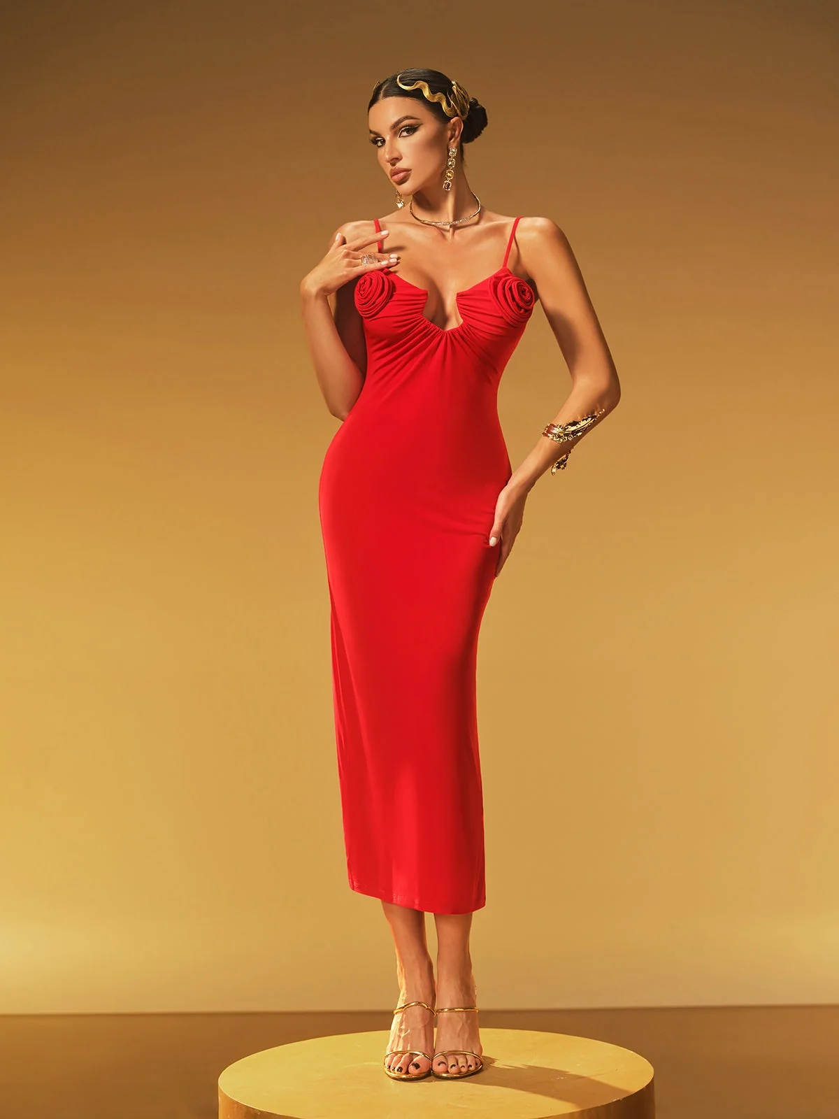 Spaghetti Strap Floral Midi Dress Red Tea Cocktail Dresses